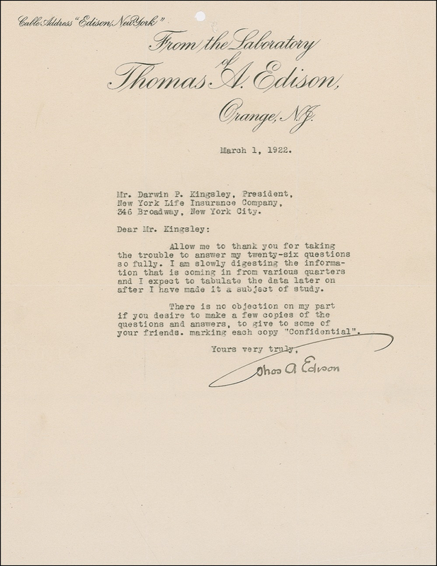 Lot 213 Thomas Edison: Taking America?s financial temperature