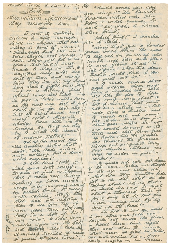 Lot 763 Woody Guthrie: GUTHRIE recounts racially charged Army experiences for his never-completed American Documentary
