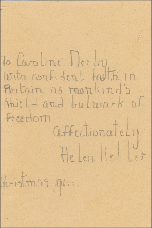 Lot 259 Helen Keller: Note of encouragement during the German Blitzkrieg of 1940