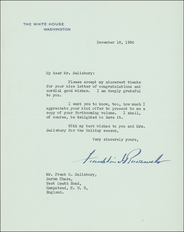 Lot 140 Franklin D. Roosevelt: Roosevelt thanks Britain?s greatest portraitist for congratulations upon his landslide reelection