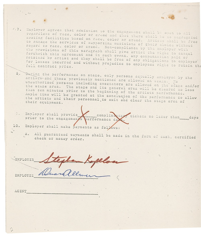 Lot 657 Duane Allman: Signing a concert rider just months before his death