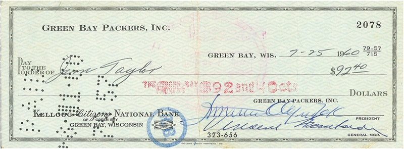 Lot 1511 Vince Lombardi Check