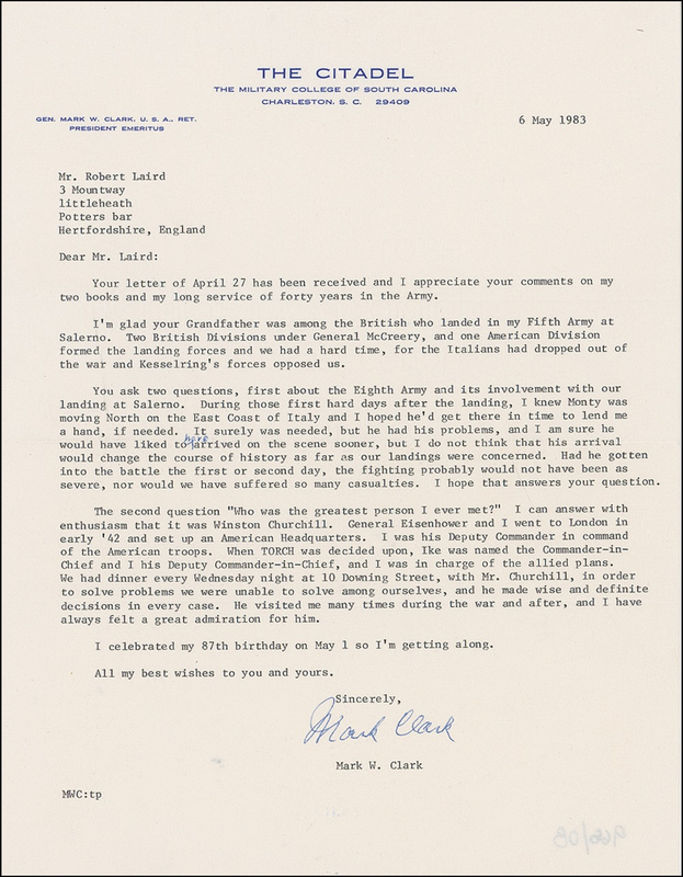 Lot 352 Mark W. Clark Typed Letter Signed