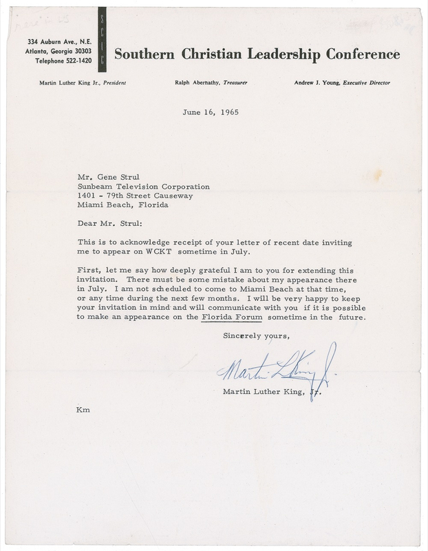 Lot 263 Martin Luther King, Jr: “I am not scheduled to come to Miami Beach at that time, or any time during the next few months”