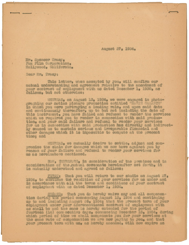 Lot 1380 Spencer Tracy: One of Tracy?s first contracts