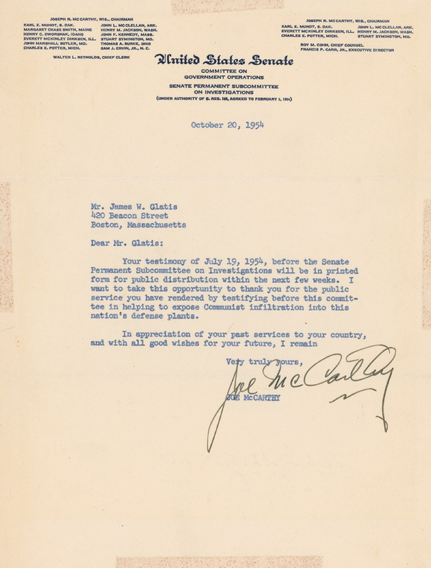 Lot 279 Joe McCarthy: McCarthy thanks a testifier for “helping to expose Communist infiltration into this nation’s defense plants”