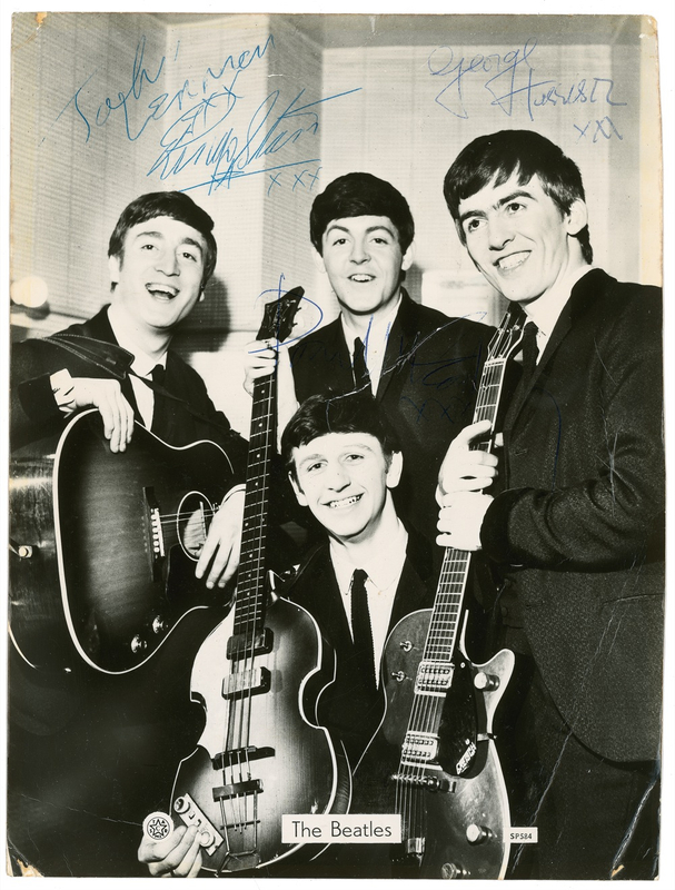Lot 672 Beatles: LADS FROM LIVERPOOL: 1963 Fab Four photo signed at the EMI Studios and proudly displayed by a true fan