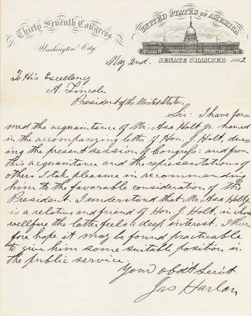 Lot #91 Abraham Lincoln: THE FAMILY WAY: Lincoln grants the request of a senator who would later become father-in-law to his son, Robert Todd Lincoln - Image 1