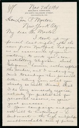Lot #71 Benjamin Harrison: ?YOUR VOTE WILL BE HISTORICAL?: HARRISON heartily congratulates his former VP, LEVI P. MORTON, on his election to the New York governor?s seat - Image 1