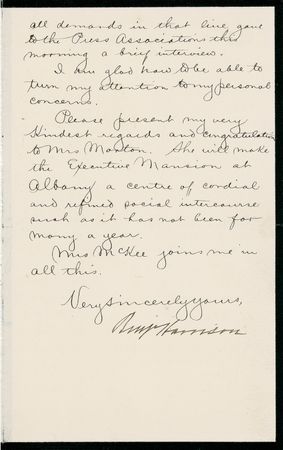 Lot #71 Benjamin Harrison: ?YOUR VOTE WILL BE HISTORICAL?: HARRISON heartily congratulates his former VP, LEVI P. MORTON, on his election to the New York governor?s seat - Image 3