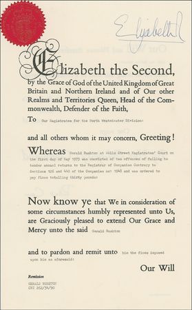 Lot #218 Elizabeth II Signed Document - Image 1