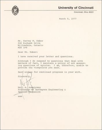 Lot #423 Neil Armstrong: ?I maintain a policy of not answering questions of opinion? - Image 3