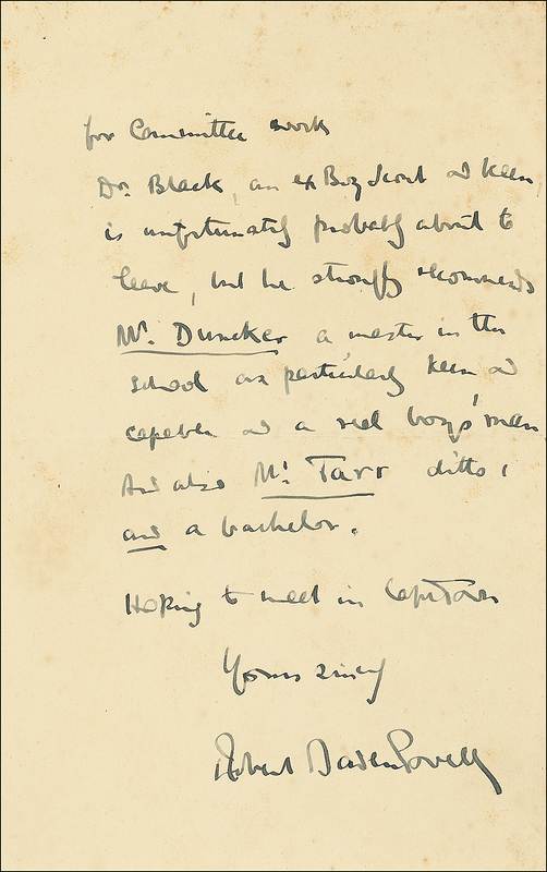 Lot 157 Robert Baden-Powell: “It is a place waiting for scouting”: Baden-Powell recruits leaders for a new Boy Scout troop
