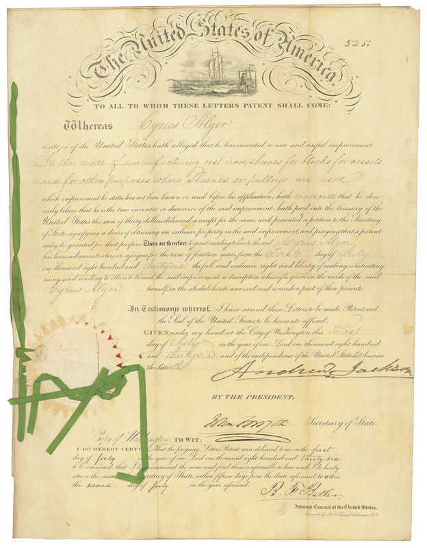 Lot 69 Andrew Jackson: JACKSON boldly signs a patent issued to famed ordnance maker Cyrus Alger