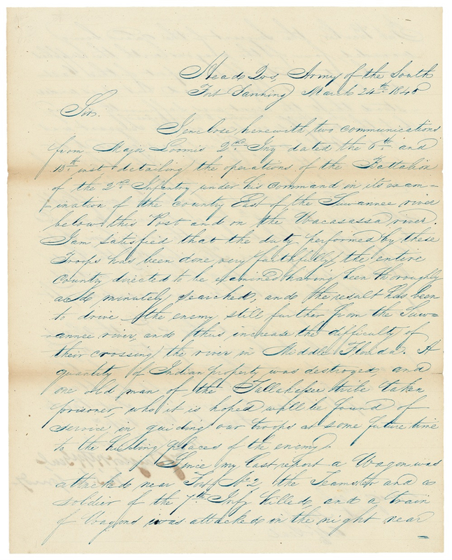 Lot 141 Zachary Taylor: TURMOIL with the SEMINOLES: ?A Wagon was attacked near Fort No. 2 ? a soldier of the 7th Infy. was killed?
