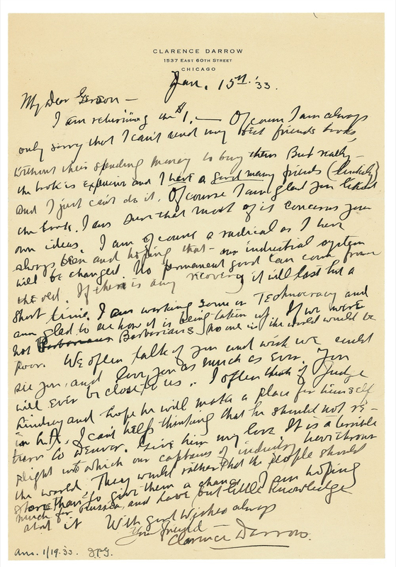 Lot 176 Clarence Darrow: ?I am of course a radical as I have always been?: DARROW reveals his socialist beliefs and mentions his best-selling memoir