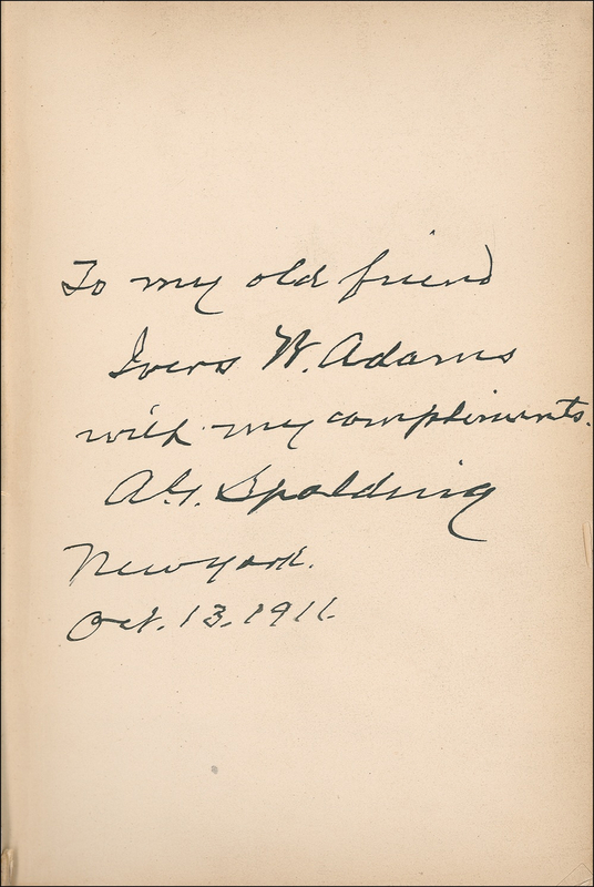 Lot 1419 Albert G. Spalding: DIAMOND JUBILEE: Baseball pioneer A. G. SPALDING presents his groundbreaking book to the founder and first president of the Boston Base Ball Club