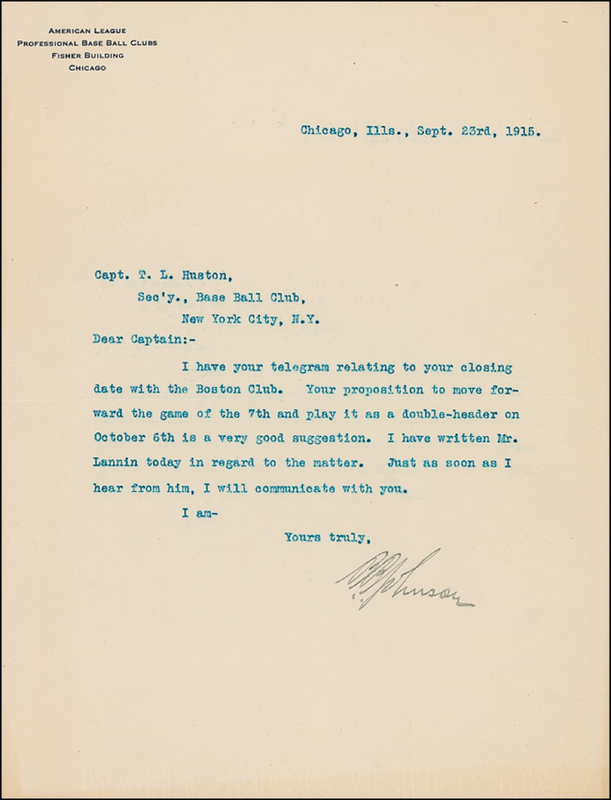 Lot 1293 Ban Johnson Typed Letter Signed