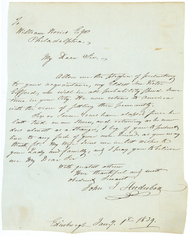 Lot 399 John J. Audubon: BACK IN THE U.S.A.: As THE BIRDS OF AMERICA is finally published, AUDUBON seeks to ease his son?s return to the United States