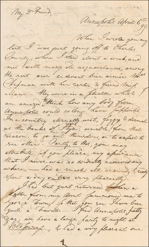 Lot 234 Francis Scott Key: ?I FIND ANNAPOLIS PRETTY GAY?: KEY describes a round of parties and his taste in women: ?I prefer the ?blue and laughing eye? of the Queen of Cyprus?