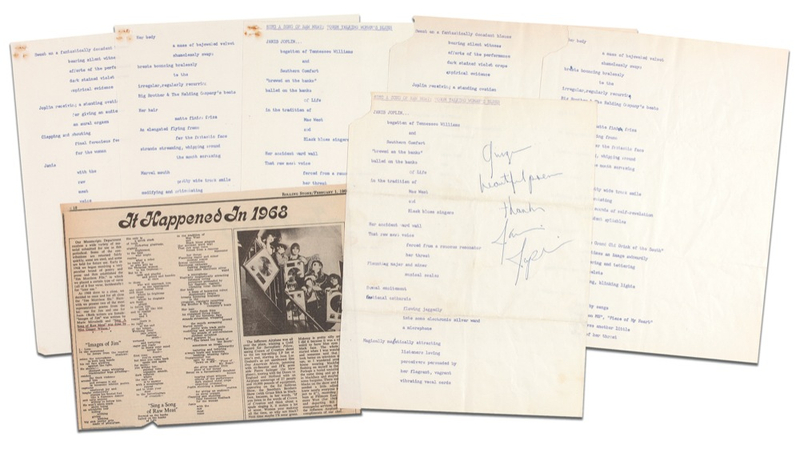 Lot 665 Janis Joplin: “Sexual excitement ... flowing jaggedly into some electronic silver wand, a microphone”: JOPLIN signs a fan’s tribute poem published in Rolling Stone