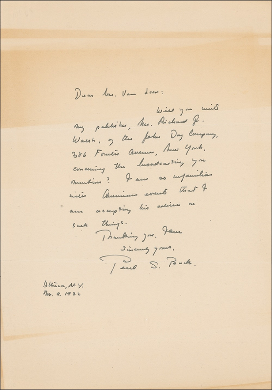 Lot 404 Pearl S. Buck Handwritten Letter Signed