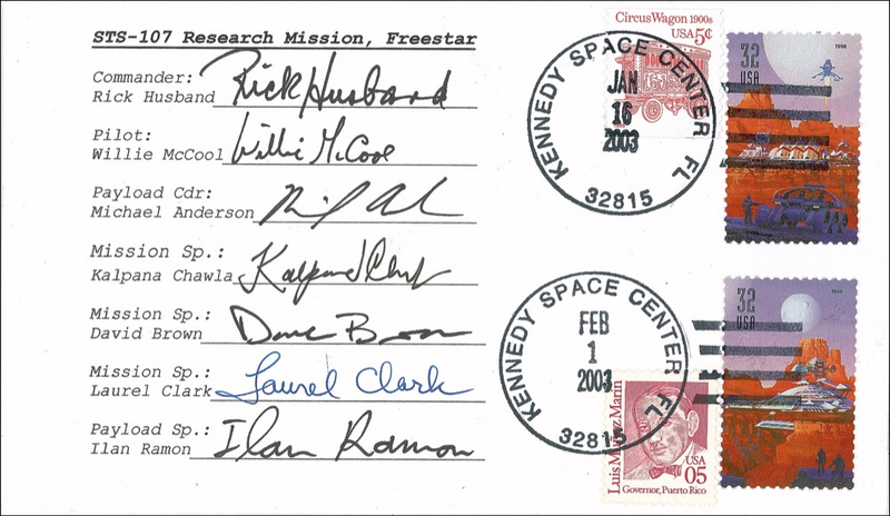 Lot 387 Space Shuttle Columbia: The Columbia astronauts sign a postal cover from the mission that claimed their lives