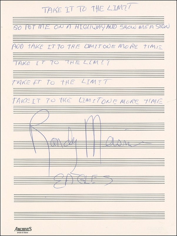 Lot 629 The Eagles: Randy Meisner Handwritten Lyrics
