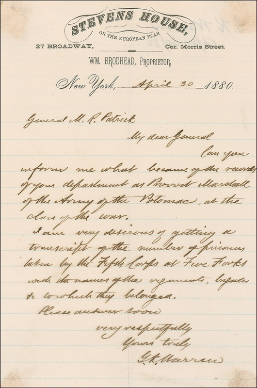 Lot 331 Gouverneur K. Warren: “Desirous of getting a transcript of the number of prisoners taken by the Fifth Corps at Five Forks”
