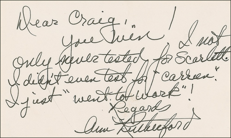 Lot 941 Gone with the Wind: Ann Rutherford: “I not only never tested for Scarlett, I didn’t even test for ‘Carreen’”