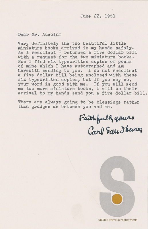 Lot 489 Carl Sandburg: “There are always going to be blessing rather than grudges as between you and me”