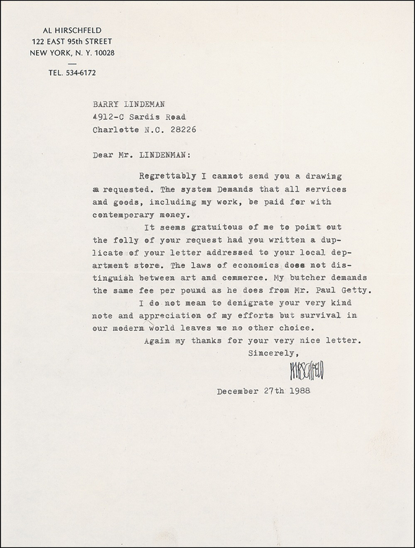 Lot 444 Al Hirschfeld: “My butcher demands the same fee per pound as he does from Mr. Paul Getty.”