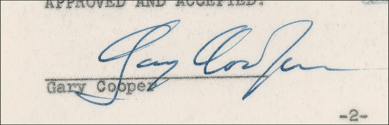 Lot 875 Gary Cooper: Signing an agreement for a film he hated