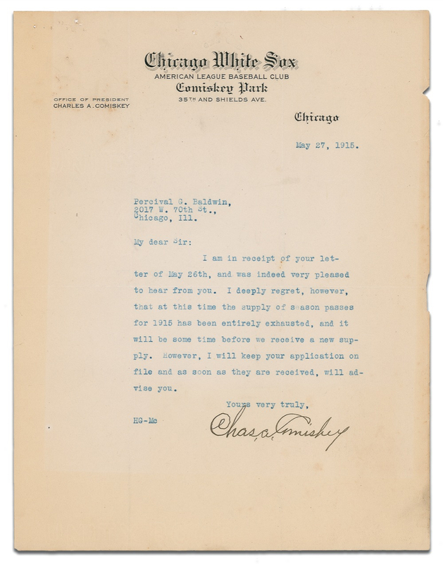 Lot 1236 Charles A. Comiskey: “I deeply regret ... the supply of season passes for 1915 has been entirely exhausted”