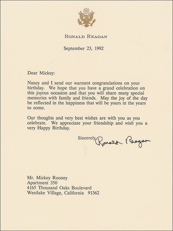 Lot 113 Ronald Reagan: To old Hollywood pal Mickey Rooney: ?Our warmest congratulations on your birthday?