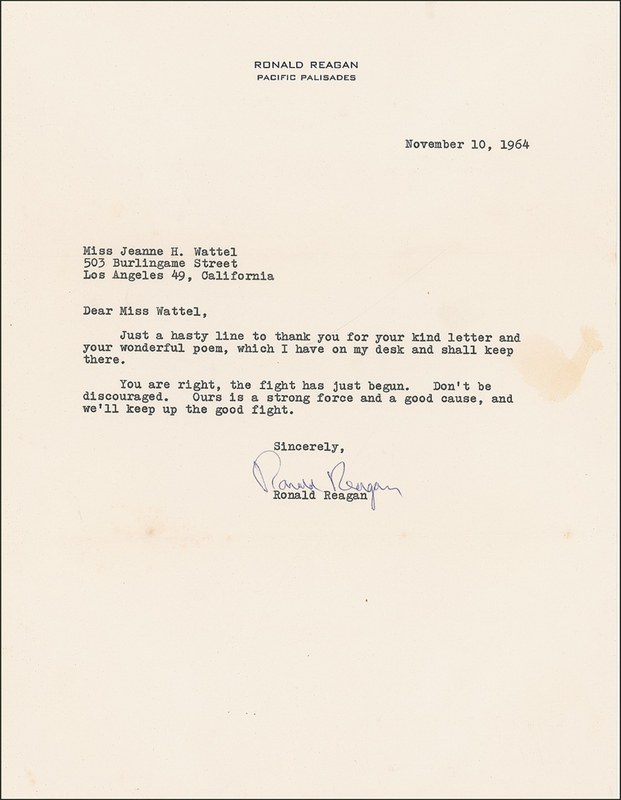 Lot 117 Ronald Reagan: The GOP loses the 1964 presidential election: “We’ll keep up the good fight”
