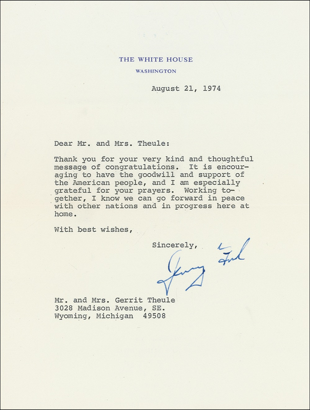 Lot 51 Gerald Ford: Two weeks after taking office: “We can go forward in peace with other nations and in progress here at home”