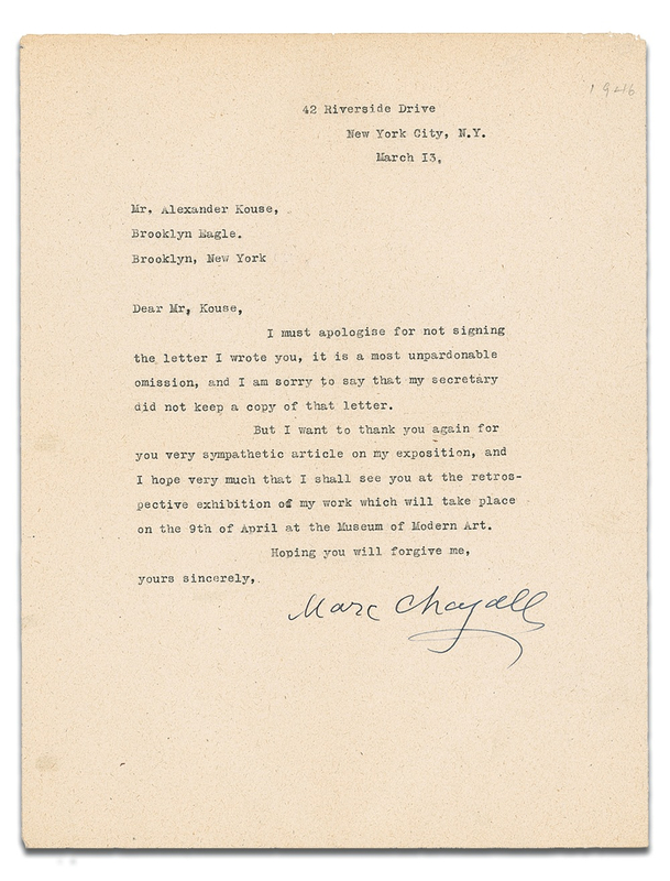 Lot 408 Marc Chagall: ?The retrospective exhibition of my work ... at the Museum of Modern Art?