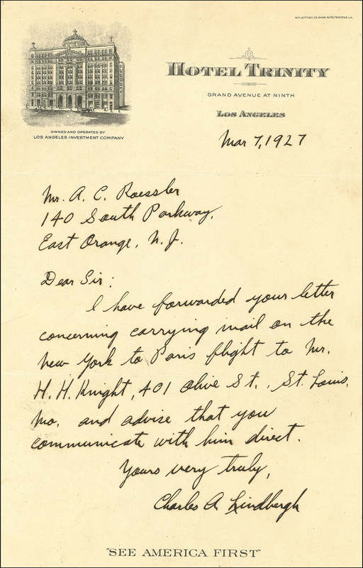 Lot 379 Charles Lindbergh: ?Concerning carrying mail on the New York to Paris flight??LINDBERGH turns down the lucrative offer of peculiar, controversial, and notorious early stamp dealer A. C. Roessler