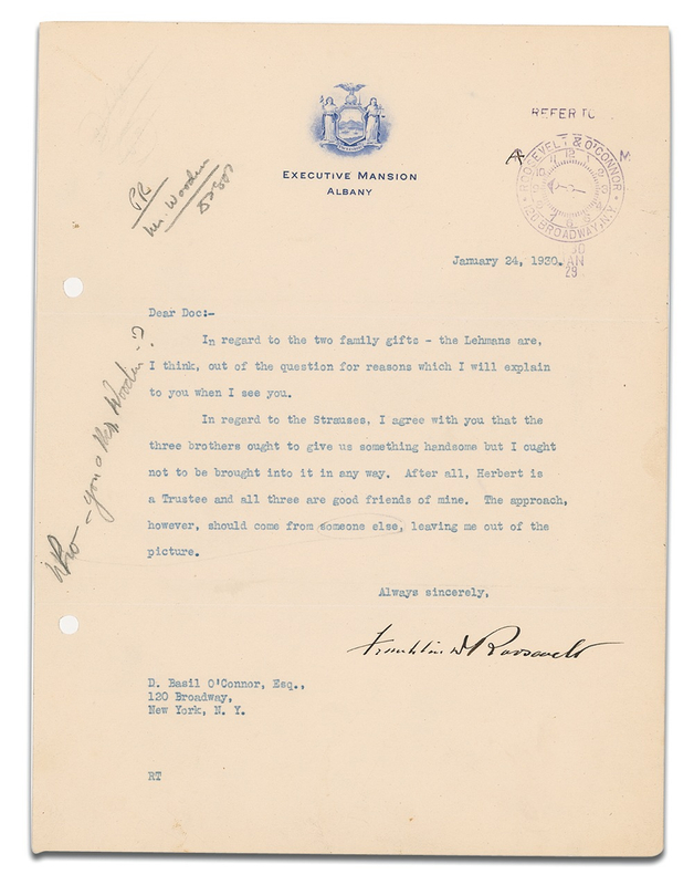 Lot 131 Franklin D. Roosevelt: Millionaires? club: ?The [Straus] brothers ought to give us something handsome but I ought not to be brought into it in any way?