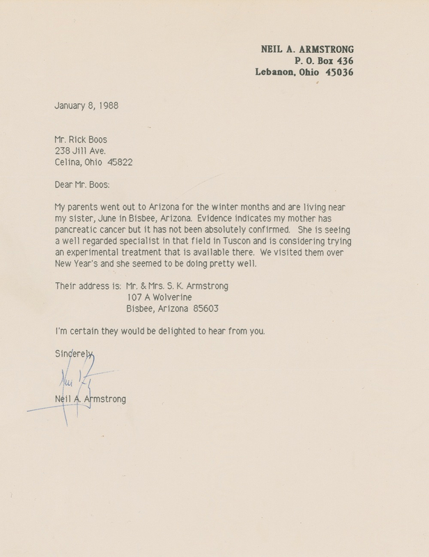 Lot 358 Neil Armstrong: ?Evidence indicates my mother has pancreatic cancer?