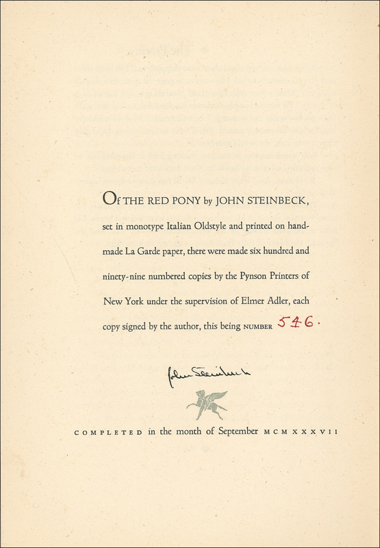 Lot 497 John Steinbeck: ?I think I?ll call him Gabilan Mountains?: STEINBECK signs a first edition of The Red Pony