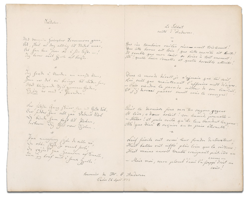 Lot 398 Hans Christian Andersen: “The ball that struck him in the heart was mine!”: ANDERSEN pens a unique two-language copy of his poem “The Soldier”
