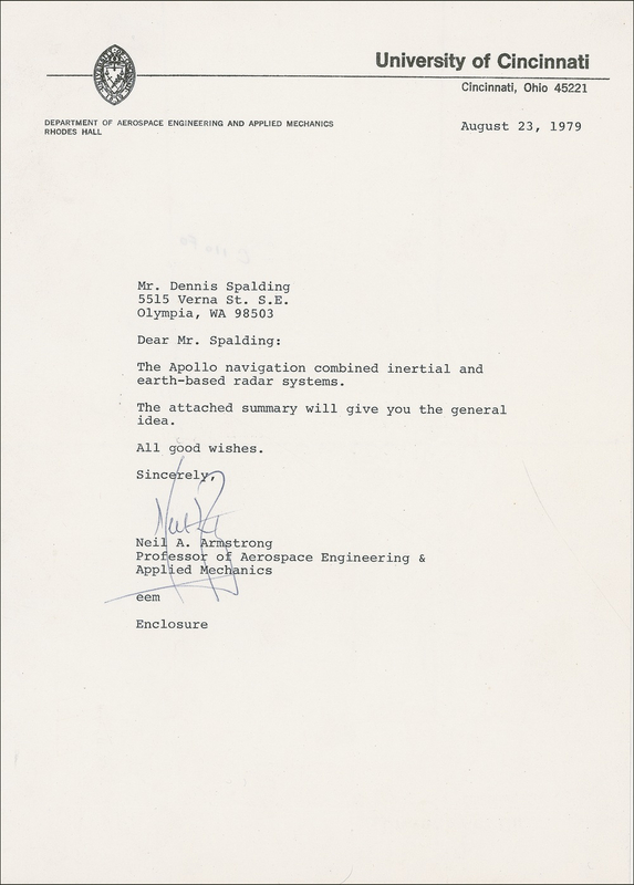 Lot 360 Neil Armstrong: Rare letter referring to his historic mission: ?The Apollo navigation combined inertial and earth-based radar systems?
