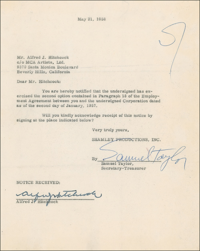 Lot 966 Alfred Hitchcock: Twelve days after Hitchcock’s Vertigo opens to negative reviews and low box office receipts, Samuel Taylor, co-writer of the screenplay, exercises an option in his 1957 employment agreement with Hitchcock