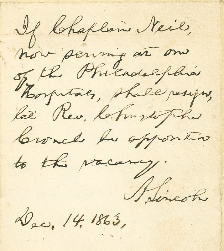 Lot 81 Abraham Lincoln: LINCOLN pens a nine-line endorsement appointing a replacement for a Philadelphia minister who went to work at the Executive Mansion