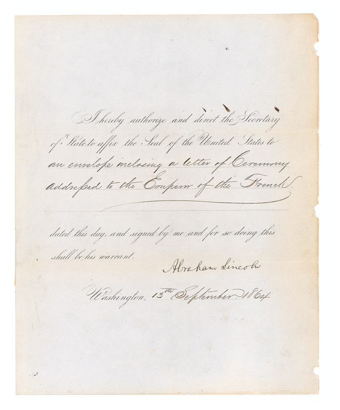 Lot 82 Abraham Lincoln: LINCOLN transmits a letter congratulating NAPOLEON III on the birth of a cousin?s child