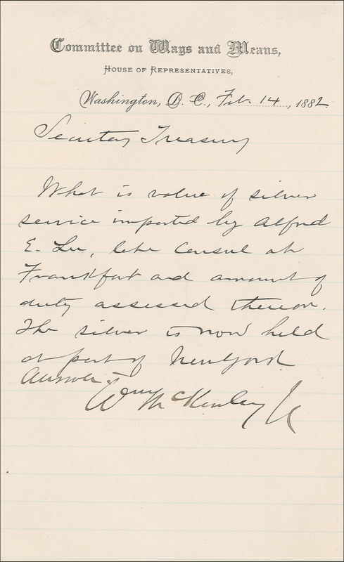 Lot 87 William McKinley: MCKINLEY inquires into the importation of a silver service by an American diplomat