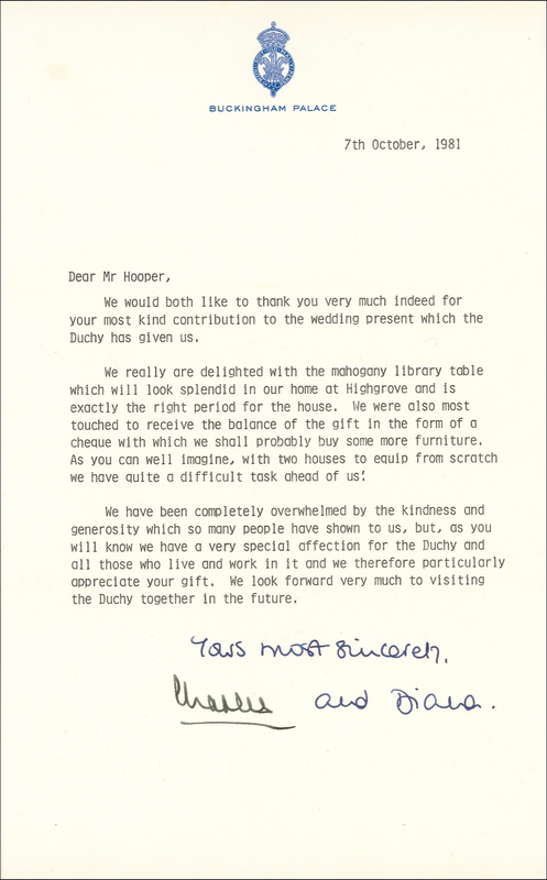Lot 169 Charles and Diana: The ROYAL COUPLE faces a common newlywed woe: ?As you can well imagine, with two houses to equip from scratch we have quite a difficult task ahead of us!?
