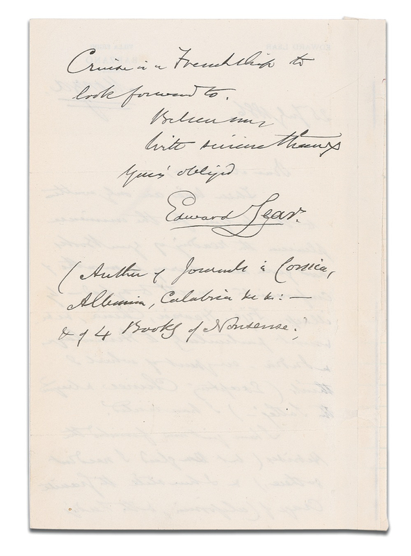 Lot 456 Edward Lear: “I have still the granite crags of California”: LEAR sends an admiring letter to a female travel writer